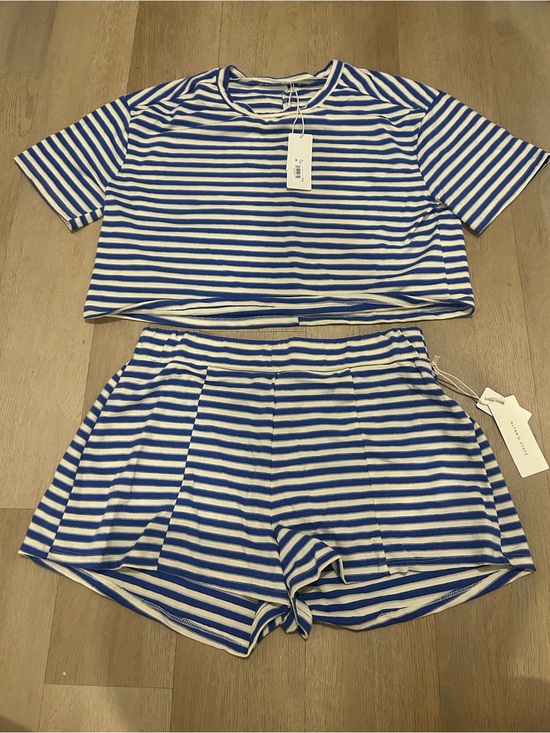 Altar'd State Other - Altard State Blue & White Striped Cotton Lounge Set - Short Sleeve Top & Shorts